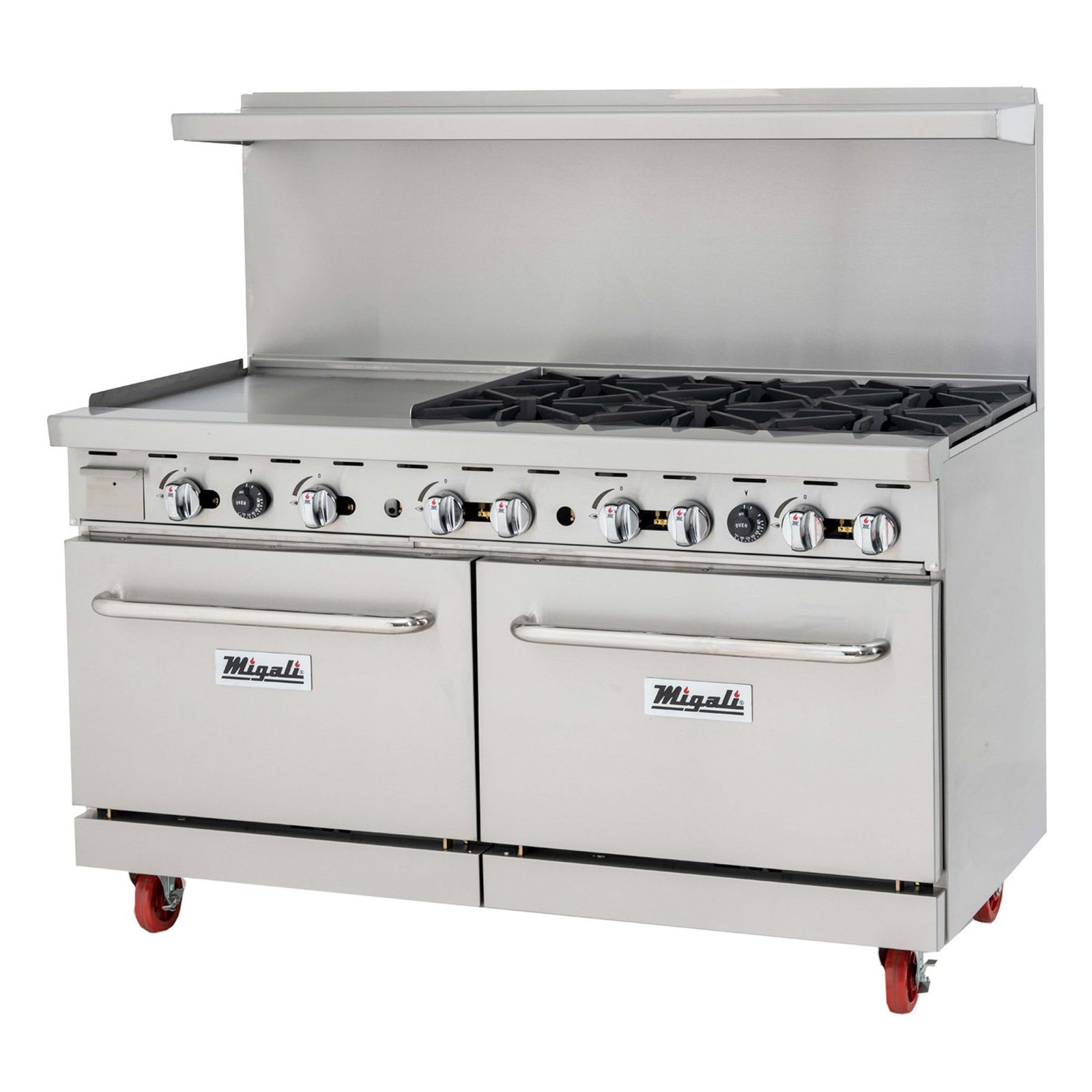 60” Wide, 6 Burner Natural Gas Range with 24” Griddle, Left side